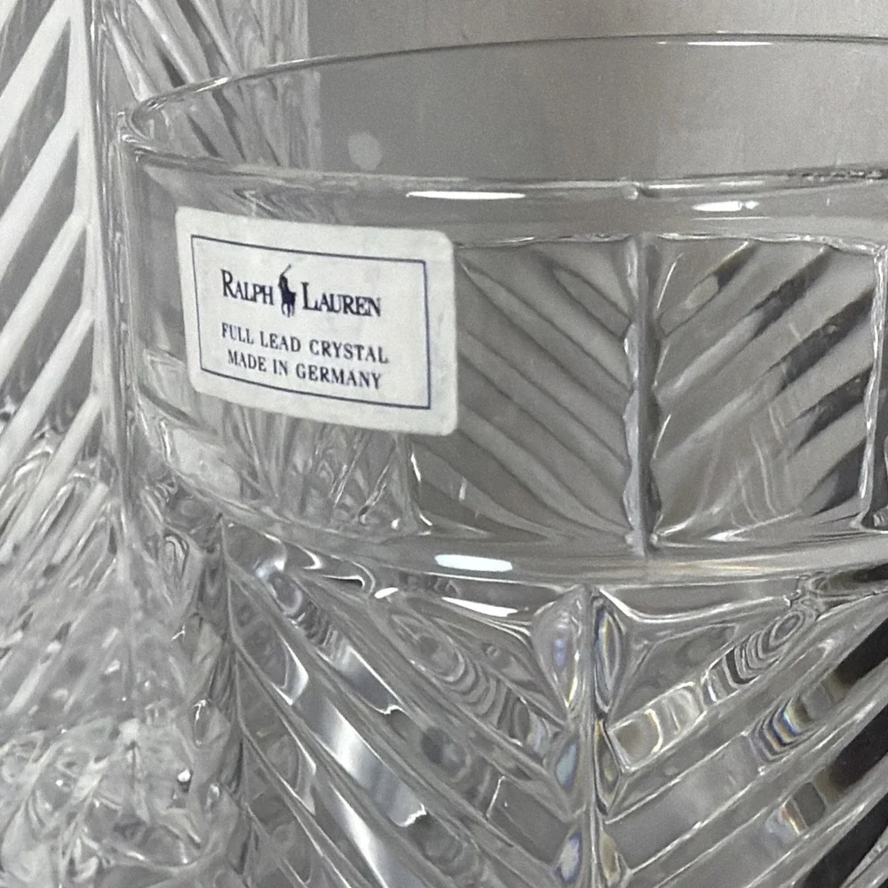 Vintage Ralph Lauren Herringbone Cut Crystal Decanter & 2 High Ball Glasses NEW